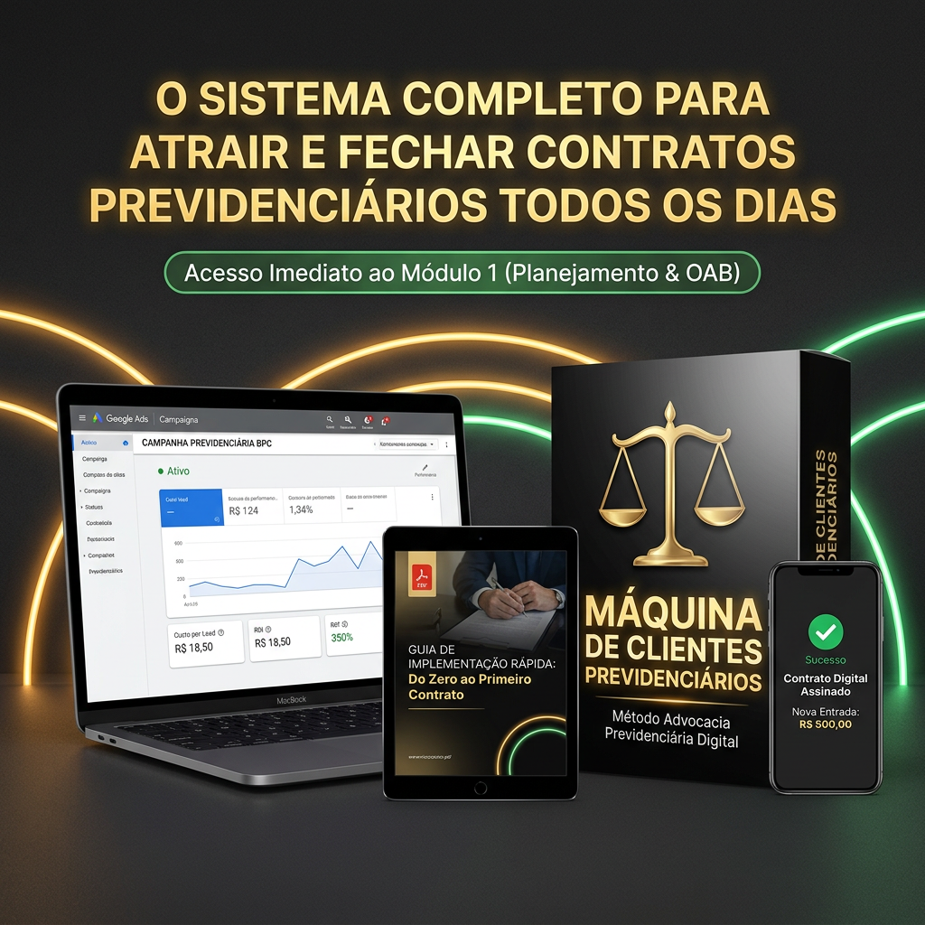 Sistema completo Máquina de Clientes Previdenciários — painel do Google Ads, guia de implementação e contrato fechado no celular